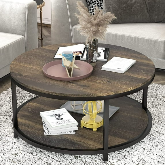 NSdirect 36 inches Round Coffee Table, Rustic Wooden Surface Top & Sturdy Metal Legs Industrial Sofa Table for Living Room Modern Design Home Furniture with Storage Open Shelf(Rustic Brown)