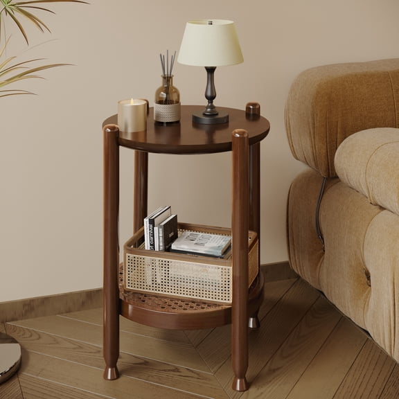 NSdirect Round End Table for Living Room, 2-Tier Rustic Wood Center Table for Home Decor with Boho Woven Rattan Storage Shelf Modern Farmhouse Design, Easy Assembly, Red Brown