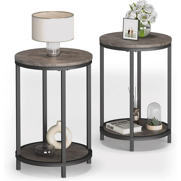 NSdirect Round Side Table Set of 2,16in Rustic Wooden End Table Surface Top & Sturdy Metal Legs Nightstand for Living Room Bedroom Farmhouse Sofa Table with Storage Open Shelf,Light Walnut