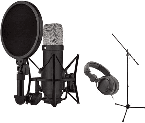 NT1 Signature Series Large-Diaphragm Condenser Microphone (Black) Bundle with MS-5230F Tripod Microphone Stand with Fixed Boom and Polsen Studio Monitor Headphones
