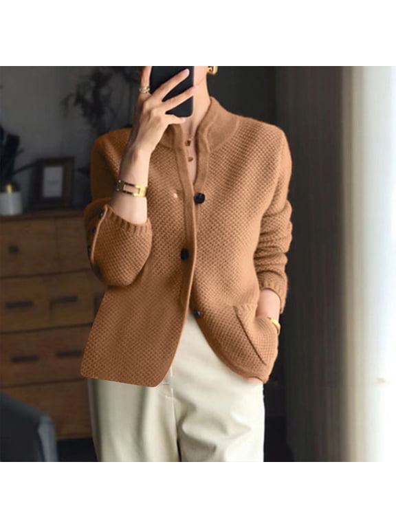 100%Wool Fall Cardigans for Women Button up Collared Dressy Coats Cardigans Solid Color Casual Long Sleeve Office Wear Brown