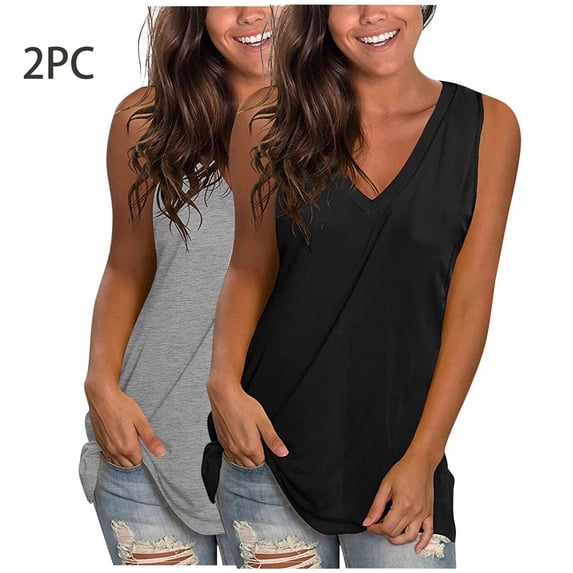 NTACZA 2 Pack Women's Tank Tops Tank Tops Wide Strap Sleeveless High Low Basic V-Neck Solid Casual Loose T-Shirts Tops