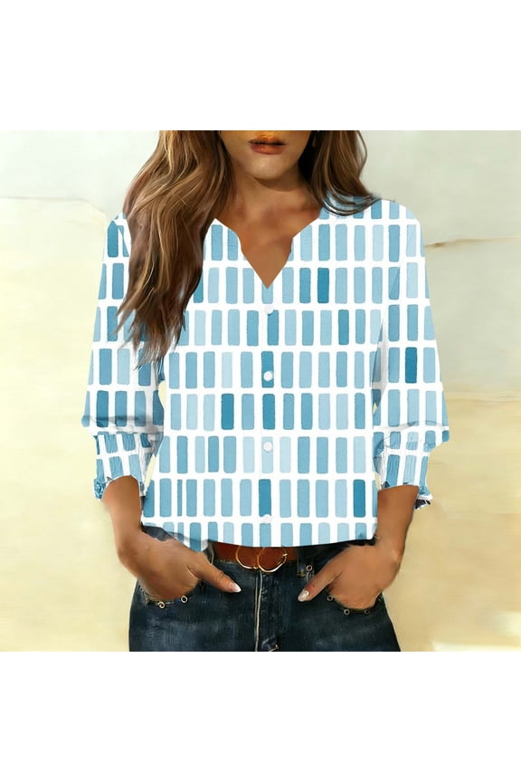 3/4 Sleeve Cute Tops for Women Notch Neck Casual Geometric Brick Print Graphic Tees Relaxed Fit with Smocked Cuffs Button Front Blouses