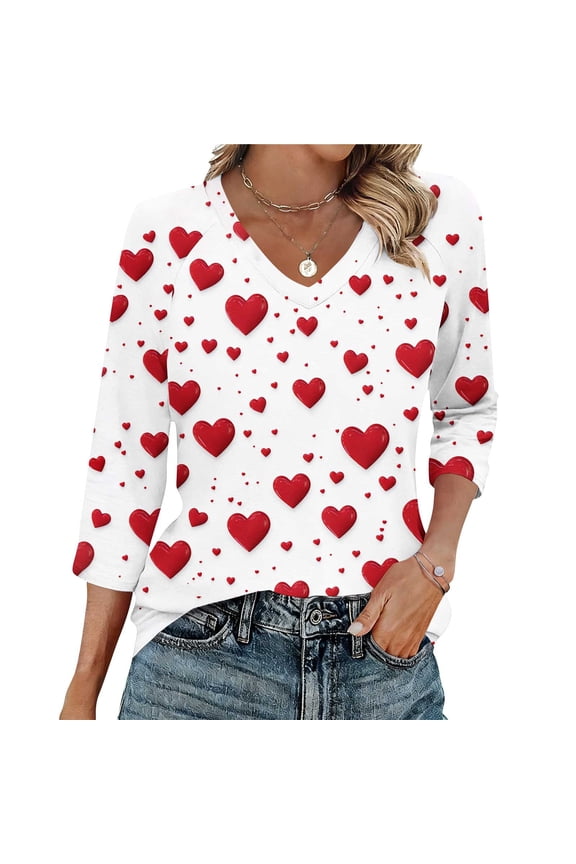 3/4 Sleeve Cute Tops for Women V‑Neck Casual Heart Graphic Tees Tunic Wedding Relaxed Fit Vacation Fashion Blouses for Women