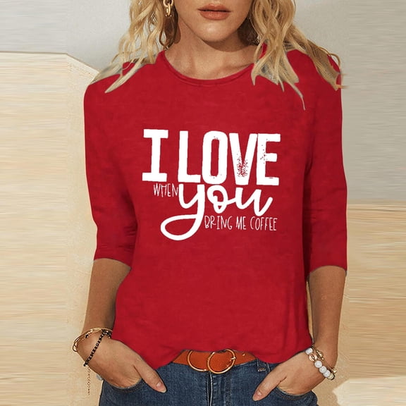 NTACZA 3/4 Sleeve Cute Tops for Women Valentine's Day Loose Fitting Red Graphic Tees Trendy Love Heart Shirts for Women S