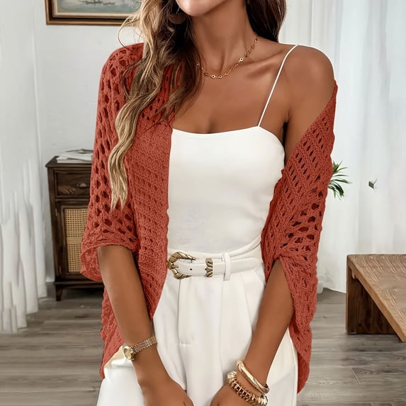 NTACZA 3/4 Sleeve Lightweight Summer Cardigan Open Front Solid Knitted Lace Kimono Work Sweater Relaxed Red