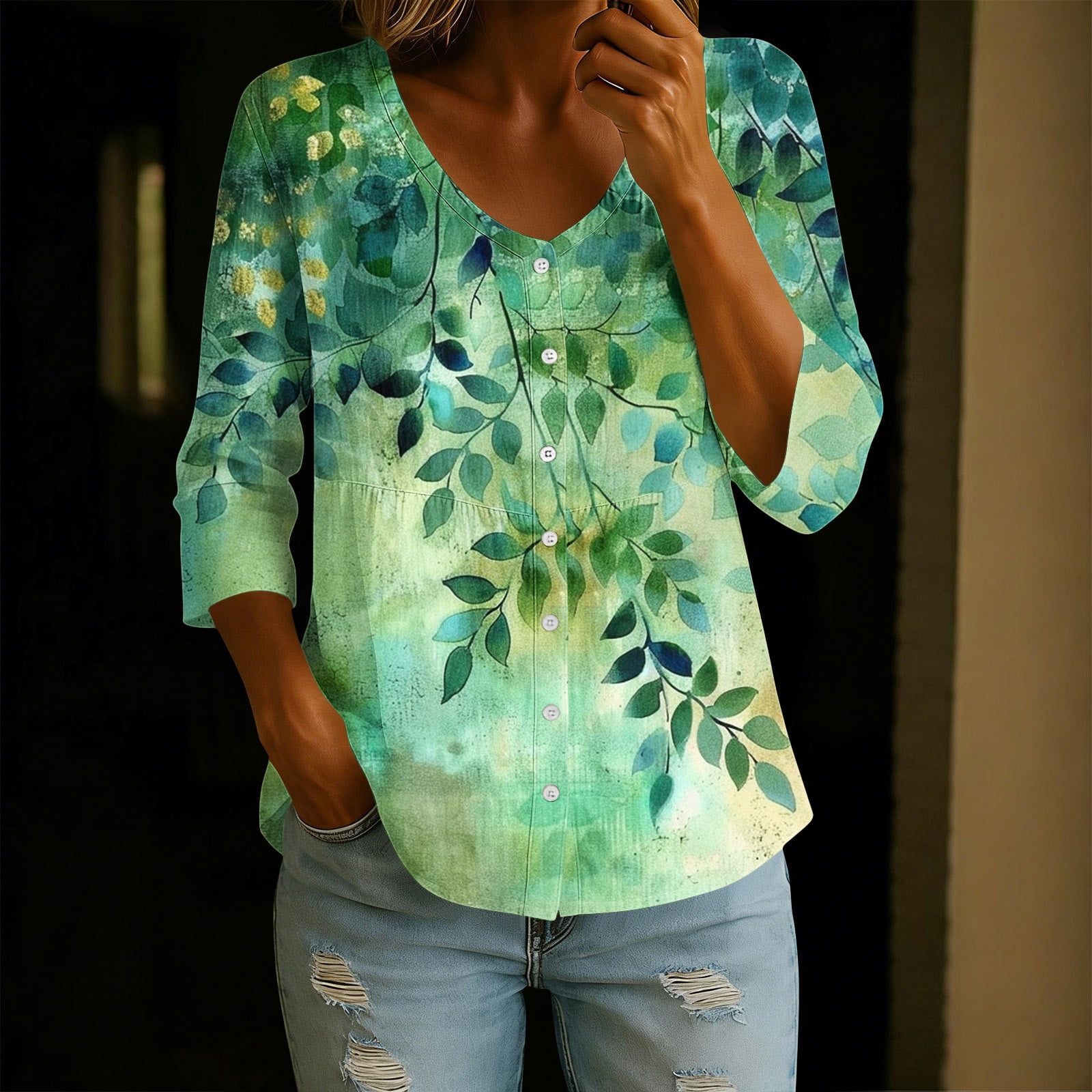 NTACZA 3/4 Sleeve Spring Tops Casual V‑Neck Ombre Botanical Leaf ...