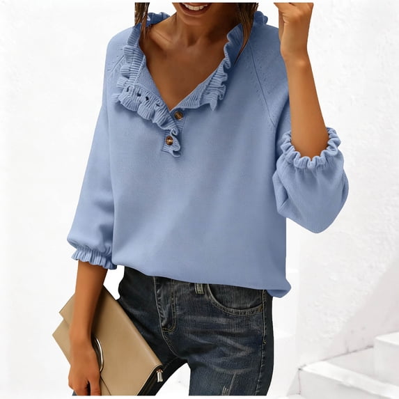 NTACZA 3/4 Sleeve Sweater Women Blue Elegant V Neck Sweater Ruffle Dressy Work Knit Shirt Jumper for Women 3X