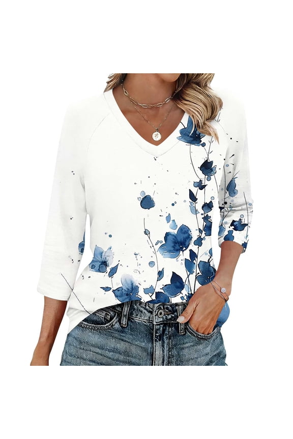 3/4 Sleeve Womens Going Out Tops Floral V‑Neck Casual Graphic Tees Relaxed Fit Tunic Wedding Vacation Women'S Blouses