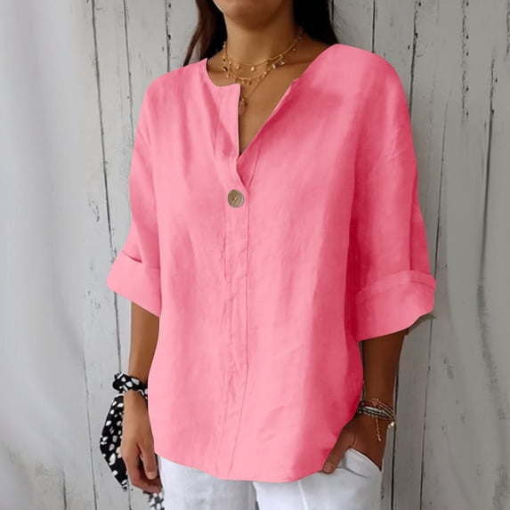 NTACZA 3/4 Sleeve Womens Shirts Plus Size V-Neck Pink Cotton Linen Solid Blouses Ladies Blouses 5x
