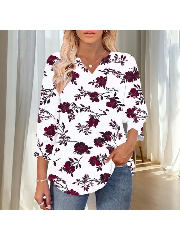 3/4 Sleeve Womens Tops Dressy Casual Notch Neck Floral Blouson Graphic Tees Wedding with Smocked Cuffs Relaxed Fit Holiday Blouses