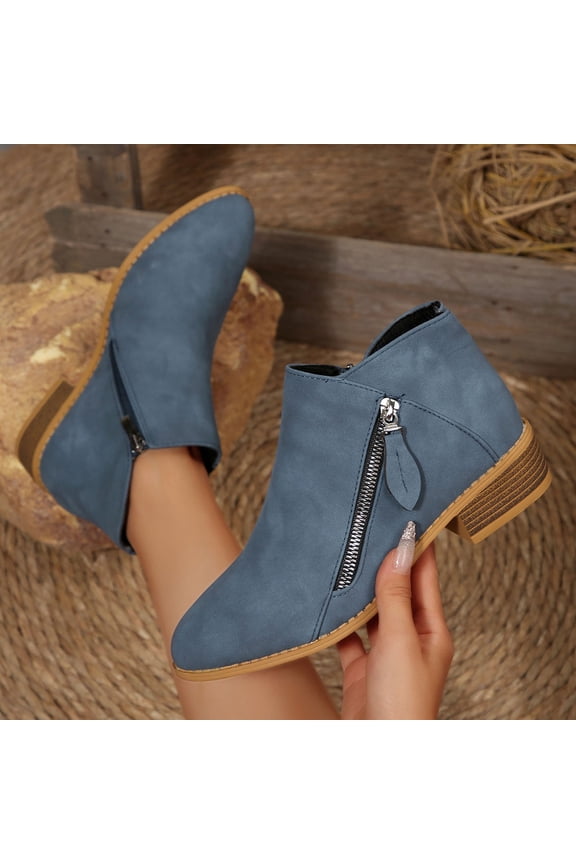 Ankle Boots Women Business Casual Blue Low Heel Side Zip Low Heel Short Booties Shoes Women 41