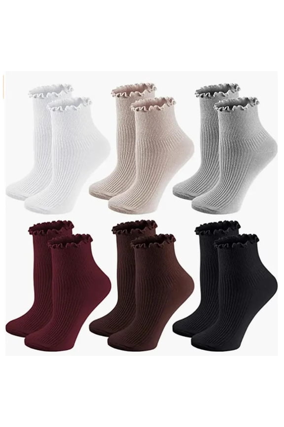 Ankle Fall Socks Women 6 Pairs Beige Cotton Socks Women Breathable Ruffle Socks