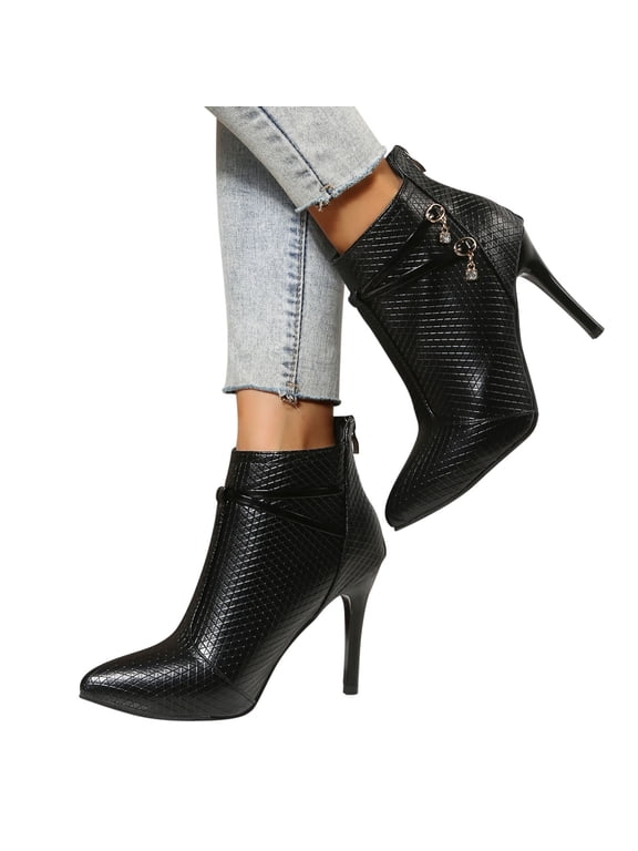 Ankle Womans Boots Black High Heel Dress Faux Leather Fashion Pointed Toe Boots Woman Shoes 41
