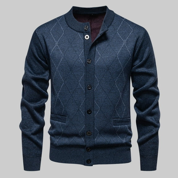 NTACZA Argyle Sweaters Mens Fleece Lined Blue Button Down Sweater Cardigan Pocket Knit Outerwear Mens Jumpers 3XL