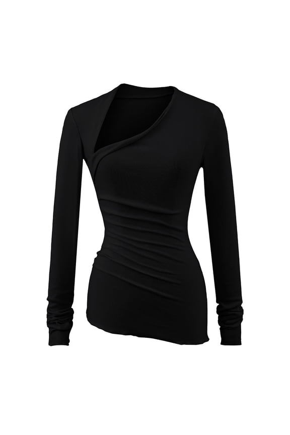 Asymmetrical Women Fall Tops Cotton Black V Neck Undershirt Wrap Ruched Long Sleeve Tunic Tops Womens Blouse S