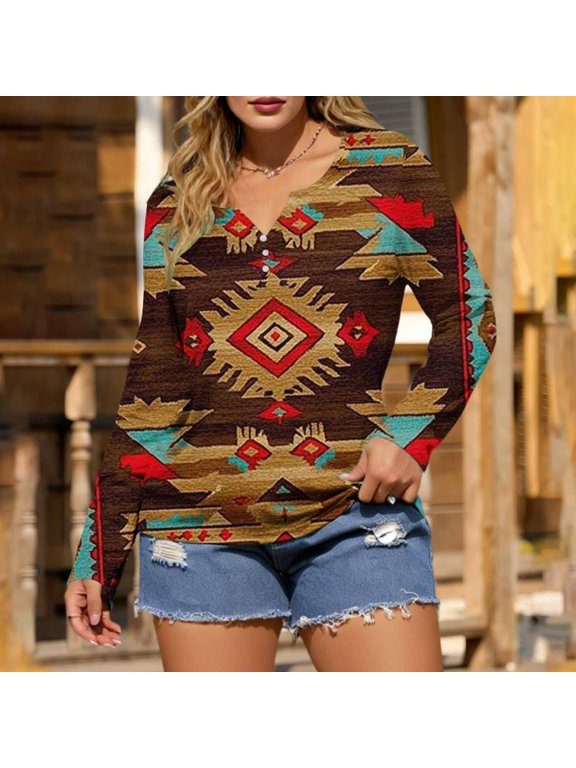 Aztec Going Out Tops for Women Vintage V Neck Graphic Tees Country Long Sleeve Western Women Shirt L