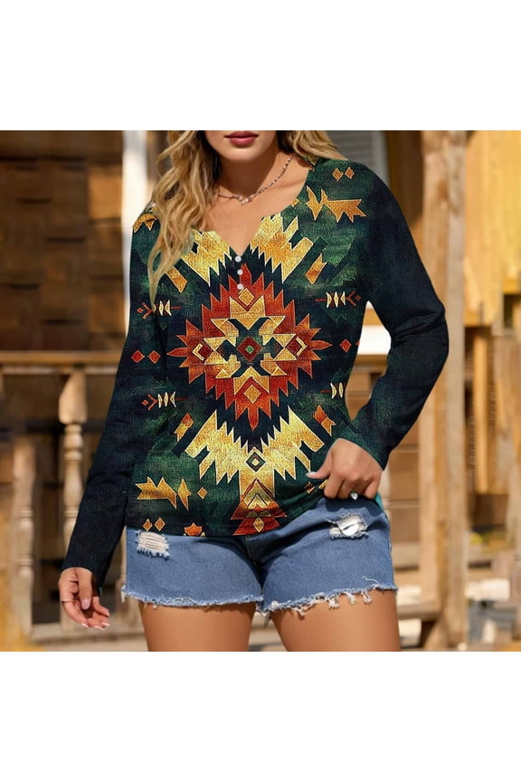 Aztec Tops for Women Trendy V Neck Retro T Shirt Graphic Long Sleeve Novelty Woman Shirts XXL