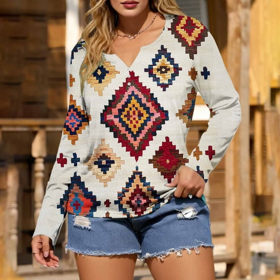 NTACZA Aztec Womens Summer Tops V Neck Western T-Shirt Long Sleeve Cowgirl Novelty Women Shirt L
