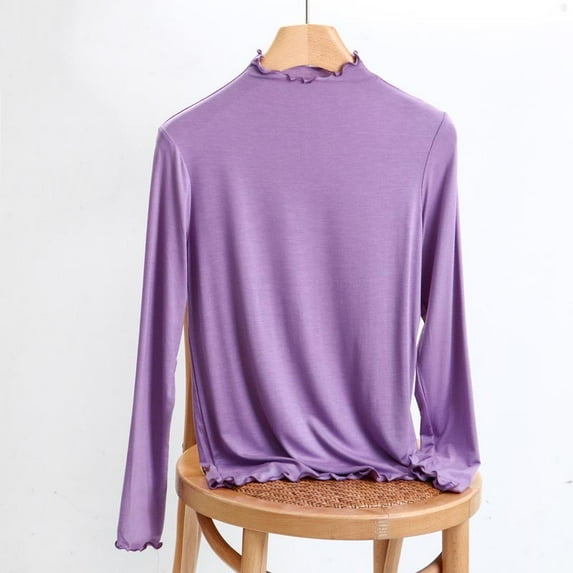 NTACZA Basic Tops for Women Slim Fit Mock Neck Purple Undershirt Long Sleeve Stretch Ruffle Base Layer Top Shirts Women XXL