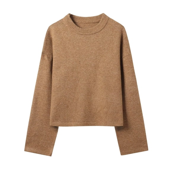 NTACZA Basic Winter Sweaters for Women Cropped Brown Crewneck Sweater Long Sleeve Solid Loose Knit Shirt Womans Jumper M