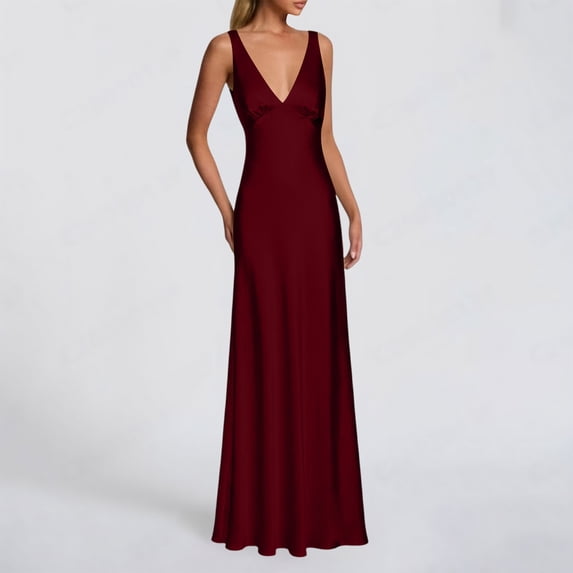 NTACZA Beach Dresses for Women Wedding Guest Dresses Sleeveless Flowy Long Deep V-Neck Dressy Red L