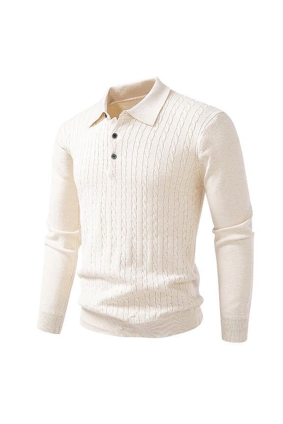 Beige Men Shirt Long Sleeve Solid Cable Knit Polos Pullover Knitted Mens Collared Sweater L