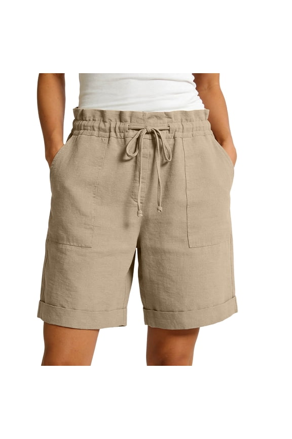 Bermuda Pants Paper Bag Waist High Everyday Women's Shorts Drawstring Relaxed Fit Summer Knot Front,with Pockets Shorts