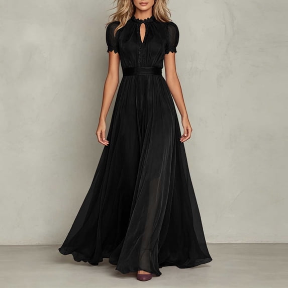 NTACZA Summer Dresses for Women Lace Dressy Flowy Maxi Wedding Guest Dresses Keyhole Neck Mesh Ruched Waist Black L