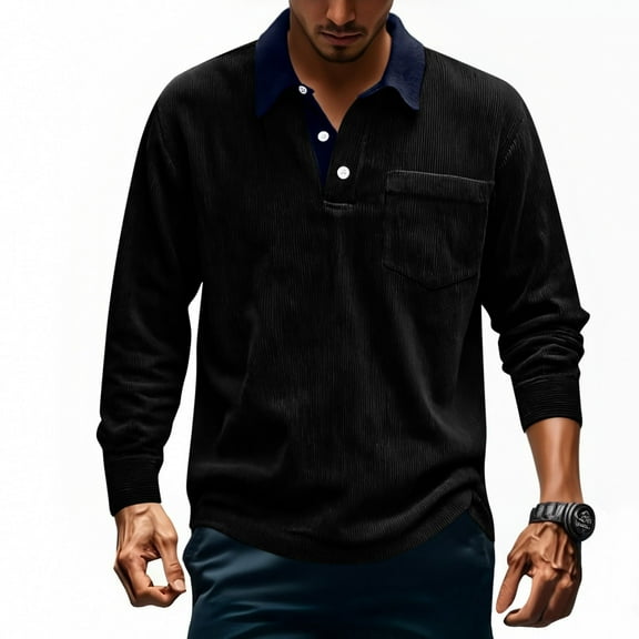 NTACZA Black Fall Shirts for Men Button Long Sleeve Collared Polos Corduroy Classic Fit Color Block Mens Work Shirts L