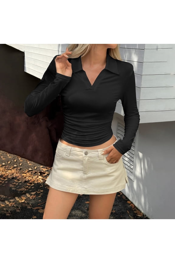 Black Fall Tops for Women V Neck Slim Fit Crop Polos Tennis Lapel Long Sleeve Golf Shirt Shirts for Women L