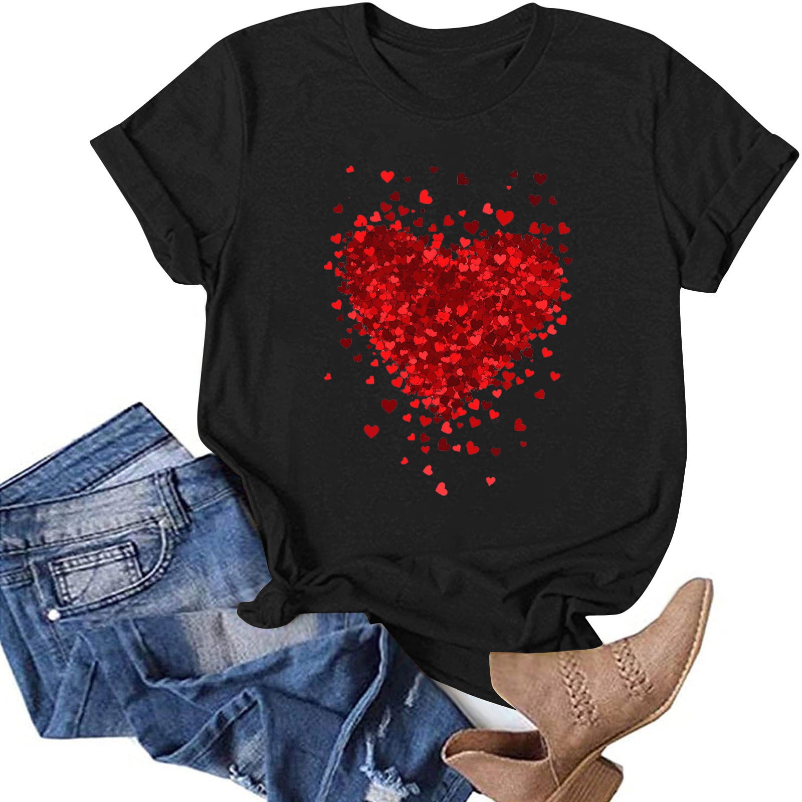 NTACZA Black Tops for Women 2024 Short Sleeve Valentine's Day Crew Neck