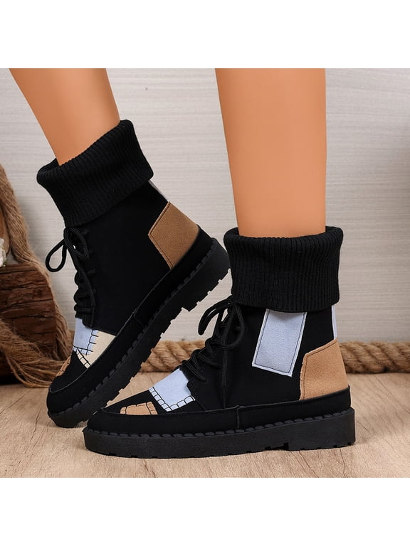 Black Womens Booties Ankle Winter Slip on Walking Lace up Wide Width Colorblock Boots Shoes Women 38