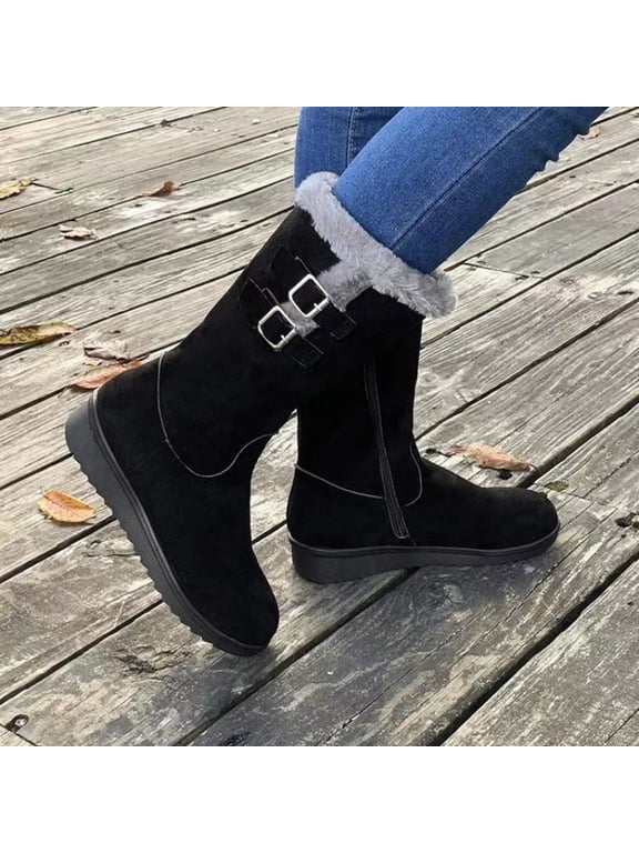 Black Womens Boots Furry Mid-Calf Winter Side Zip Low Heel Fleece Lined Boots Shoes for Women 42