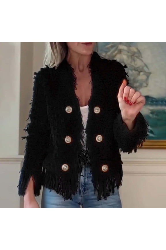 Black Womens Cardigan Open Front Cropped Elegant Fashion Solid Long Sleeve Fringe Cardigan Womens Coats L