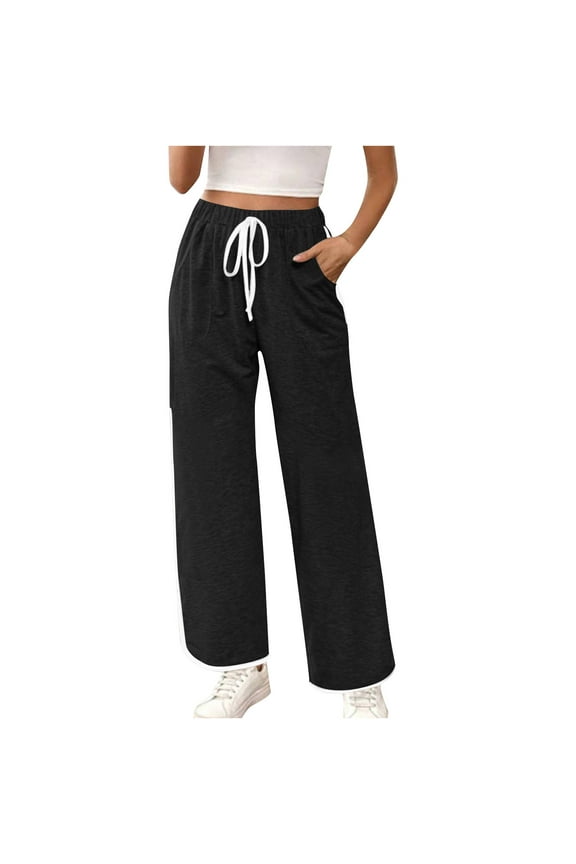 Black Womens Pants Trendy High Waist Athletic Sweatpants Elastic Waist Fitness Activewear for Women L