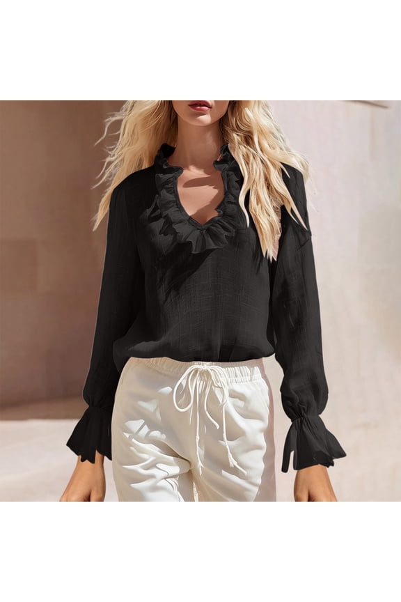 Blouses Tops for Women Trendy Elastic Cuffs Casual Solid Ruffled V Neck Flutter Relaxed Fit Long Sleeve Wedding Black