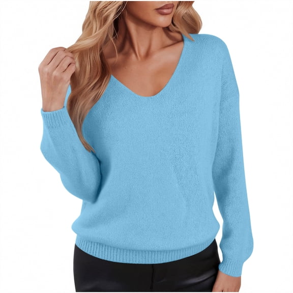 NTACZA Blue Ladies Sweaters V Neck Loose Fitting Plus Size Sweater Long Sleeve Cozy Pullover Knit Tops Women Jumpers S