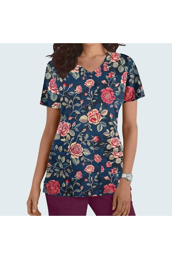 Blue Ladies Tops Scrub V-Neck Short Sleeve Pockets Dressy Floral Blouses Women's Tops and Blouses XXL