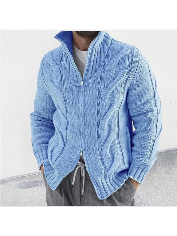 Blue Sweater Mens Zip Up Cable Knit Mock Neck Sweater Cardigan Solid Classic Fit Knit Jacket Men Jumper L