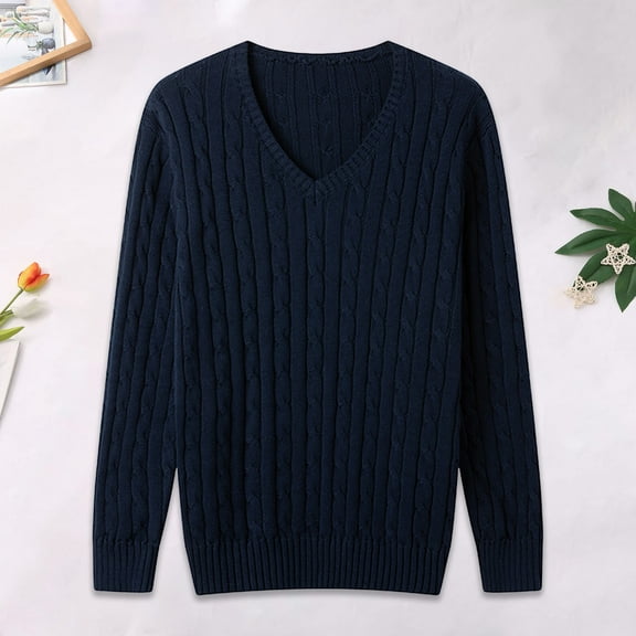 NTACZA Blue Sweater for Man Long Sleeve Cable Knit V Neck Sweaters Loose Solid Pullover Knitwear Jumper for Men L