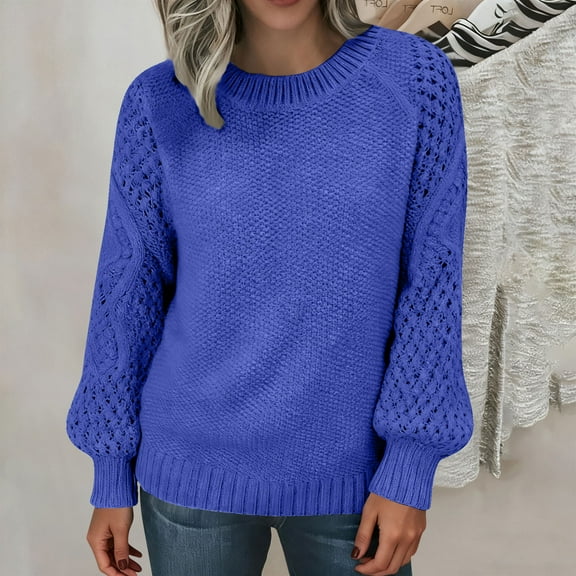 NTACZA Blue Women Sweater Thick Pullover Crewneck Sweater Solid Long Sleeve Cozy Knit Tops Ladies Jumpers L