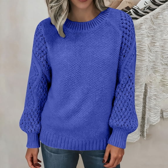 NTACZA Blue Women Sweater Thick Pullover Crewneck Sweater Solid Long Sleeve Cozy Knit Tops Ladies Jumpers L
