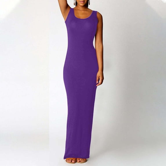 NTACZA Bodycon Wedding Guest Dresses for Women Formal Crew Neck Sleeveless Elegant Long Dress Tank Solid Party Purple