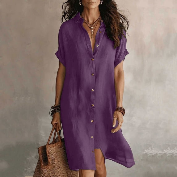 NTACZA Boho Dresses for Women Casual Shirt Dress Midi Collared Button Down Vacation Beach Purple L