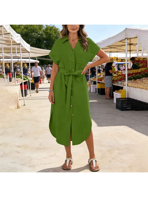 Boho Womens Dress Button Down Cotton Lien Collared Solid Slit Tea Length Rolled Tie Front Shirt Dress Vacation Green L