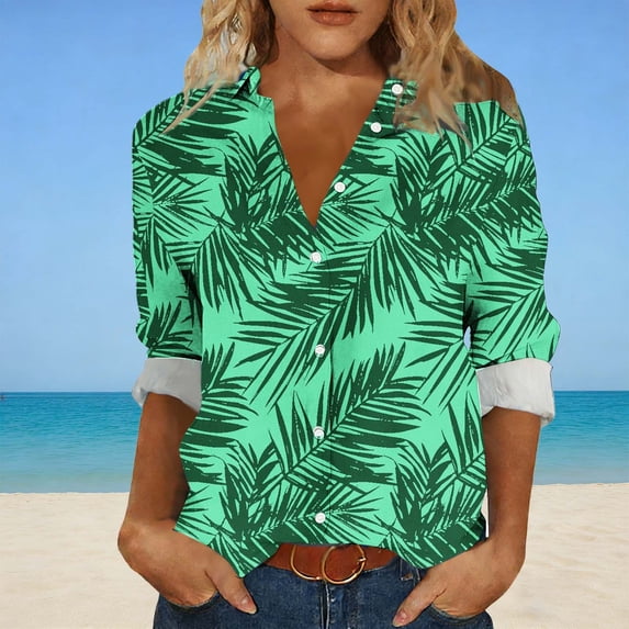 NTACZA Boho Womens Long Sleeve Tops Business Graphic Button Down Shirt Hawaiian Casual Shirts for Women S
