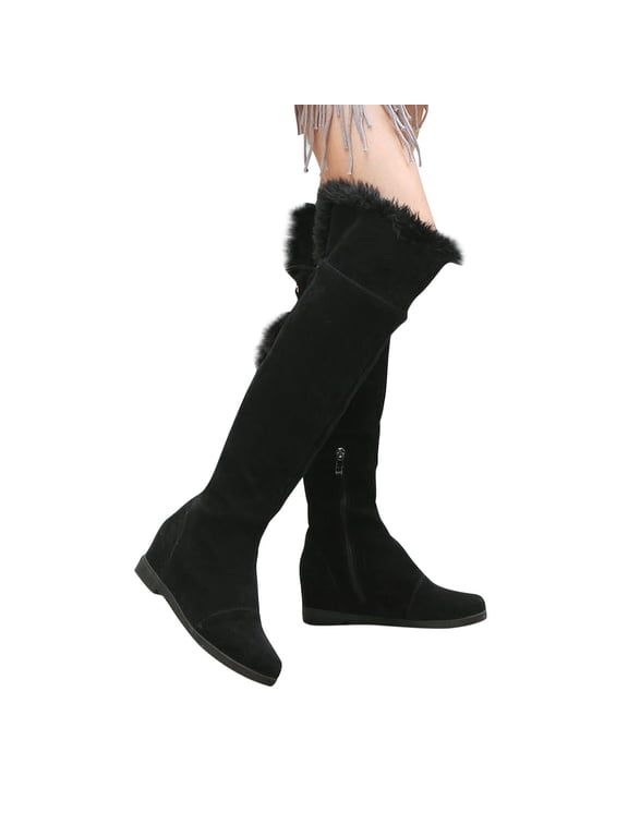 Boots for Women Non Slip Knee-High Winter Black Fleece Lined Side Zip Fuzzy Flat Boots Ladies Shoes 35