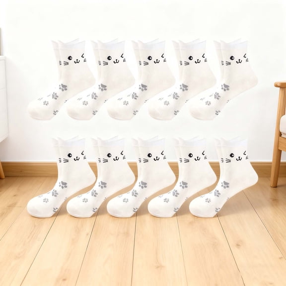 NTACZA Breathable Socks Women Winter 10 Pairs Crew White Cat Socks Funny Animal Print Socks for Women