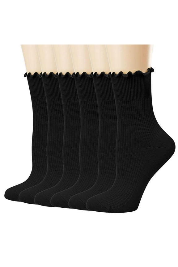 Breathable Socks Women Winter 6 Pairs Cotton Black Crew Socks Ruffle Mid Calf Women Socks